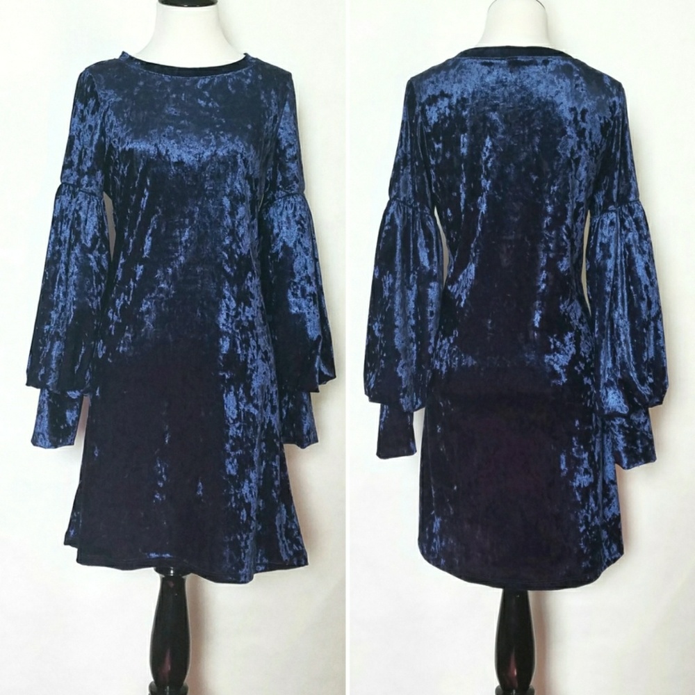 Blue Velvet Shift Dress With Cold Shoulder